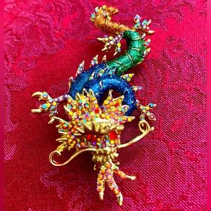 NEW Dragon Enameled & Rhinestoned Broach